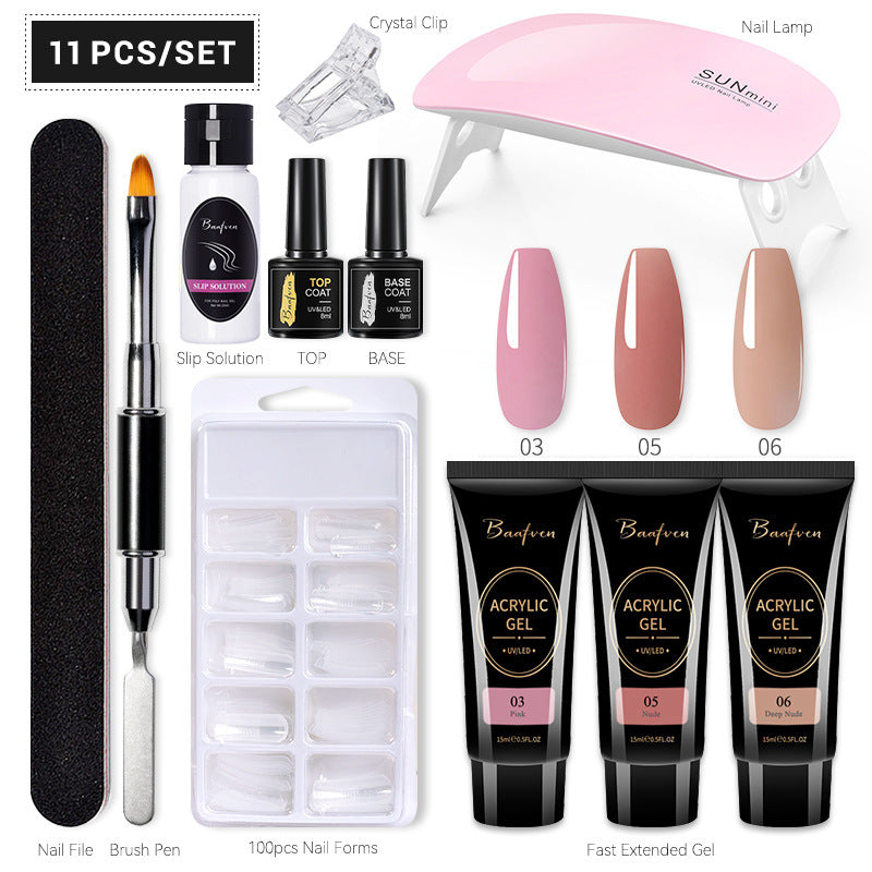 Baafven 11PCS Acrylic Gel Nail Extension Kit | Poly Gel Set with UV LED Nail Lamp, Top & Base Coat, Nail Forms & Tools