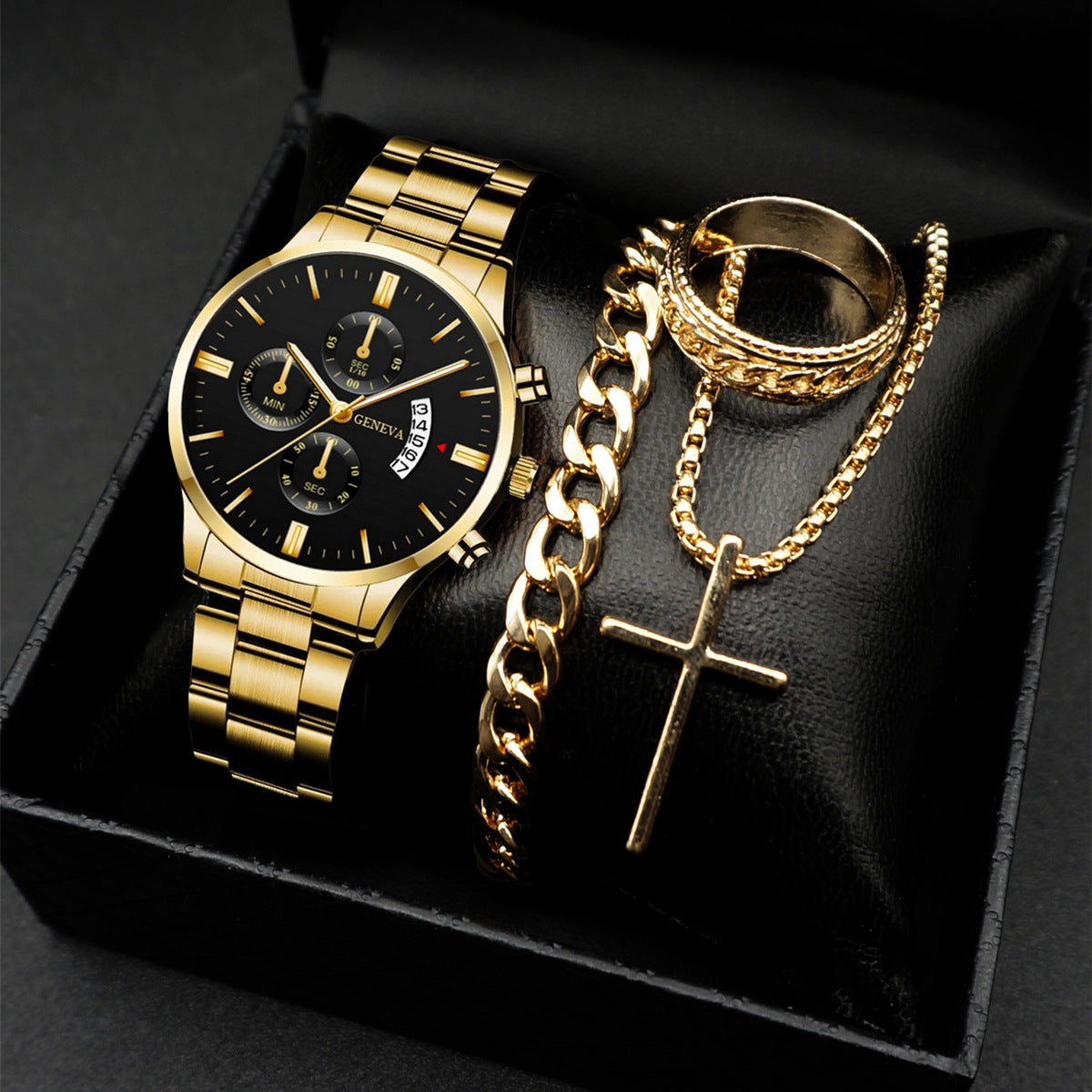 Geneva Men's 3-Piece Black Gift Set | Chronograph Watch + Cuban Link Bracelet + Cross Necklace Luxury Jewelry Box