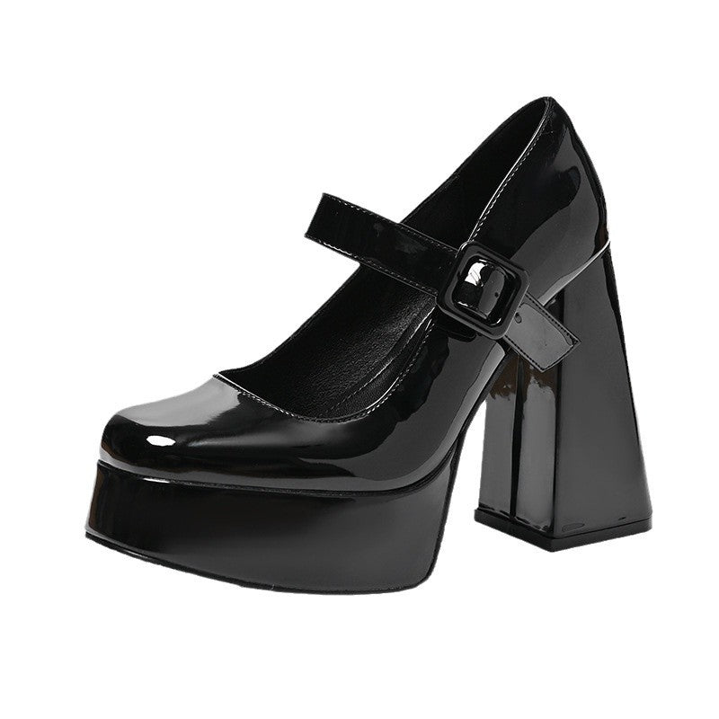 Black Patent Leather Platform Mary Jane Chunky Heels | Women's Square Toe Block Heel Ankle Strap Pumps | Bold Glossy High Heels