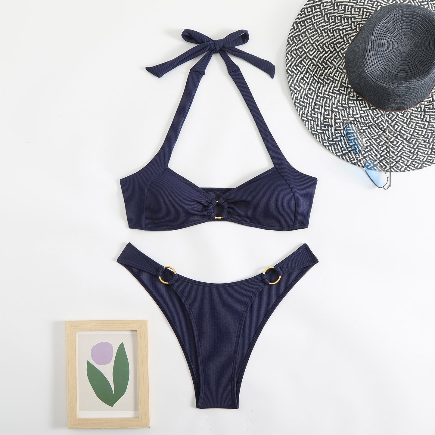 Black Ribbed Halter Bikini Set with Gold O-Ring Detail | Two Piece Swimsuit