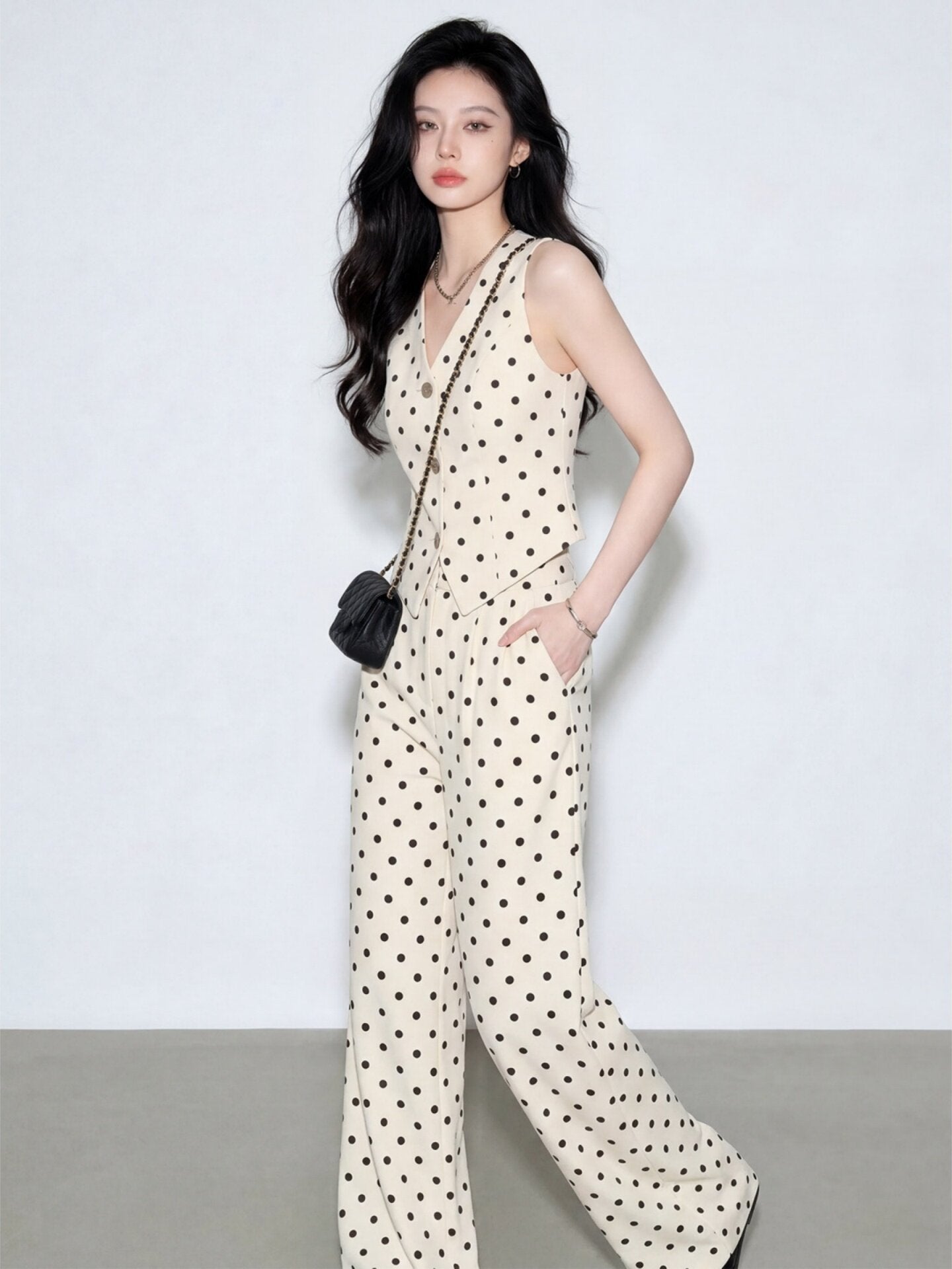 Women's Polka Dot Two-Piece Set | V-Neck Vest Top & Wide Leg Pants | Cream Black Dot Suit