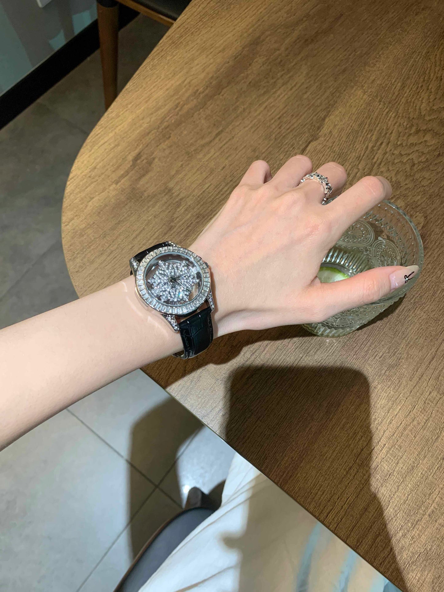 Women's Rose Gold Crystal Spinner Watch | Baguette Diamond Bezel | Rotating Flower Dial | White Crocodile Leather Strap | Ladies Luxury Bling Watch