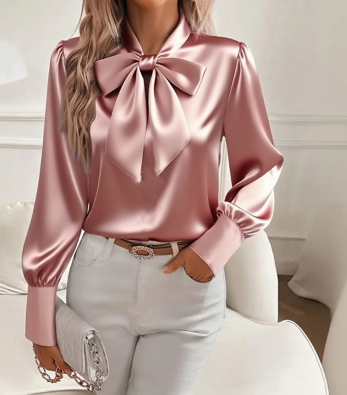 Womens Black Satin Bow Tie Neck Blouse Elegant Long Sleeve Puff Shoulder Silk Like Top for Office Work Party and Formal Occasions
