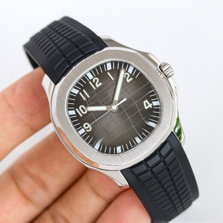 Men's Sport Luxury Watch | Black Grid Dial Stainless Steel Case Rubber Strap | Aquanaut Style Luminous Timepiece