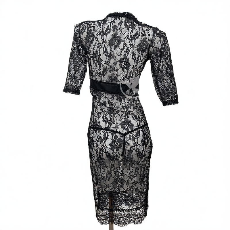 Women's Black Floral Vine Lace Maxi Dress Sexy Deep V Neck Long Sleeve High Slit See-Through Nightgown Lingerie Gown