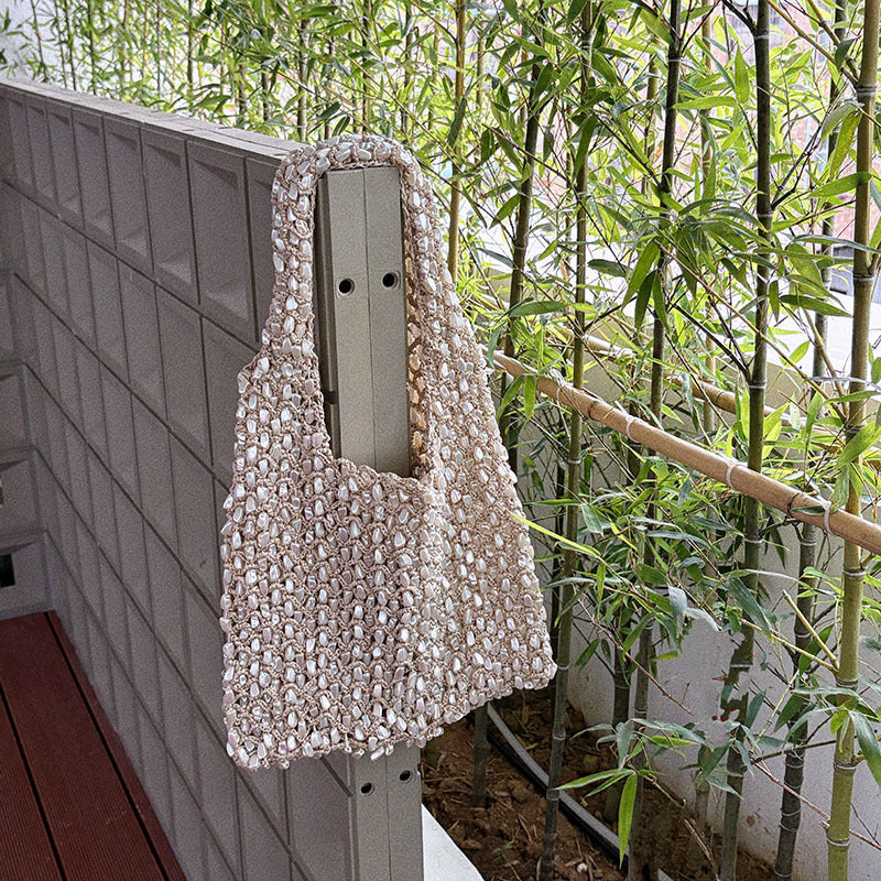 Women's Pearl Beaded Crochet Tote Bag in Cream Ivory, Handwoven Shoulder Bag for Beach Vacation and Summer
