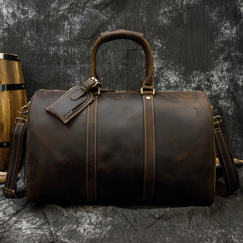 Tan Crazy Horse Leather Duffle Bag | Large Vintage Weekender Travel Bag with Luggage Tag