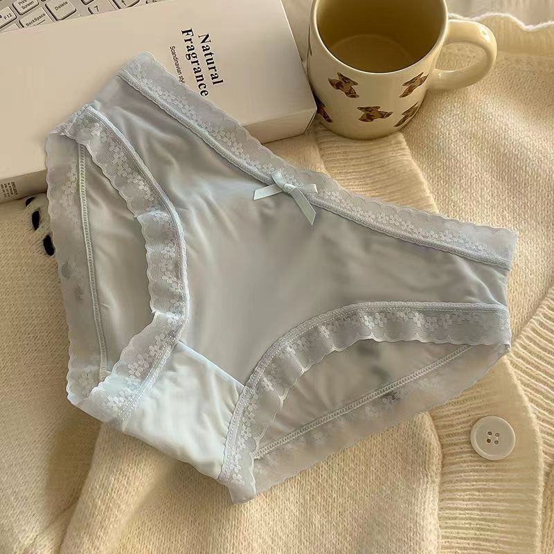 Satin Silk Lace Trim Bow Panties for Women Soft Smooth Mid Rise Briefs Floral Lace Edge White Beige