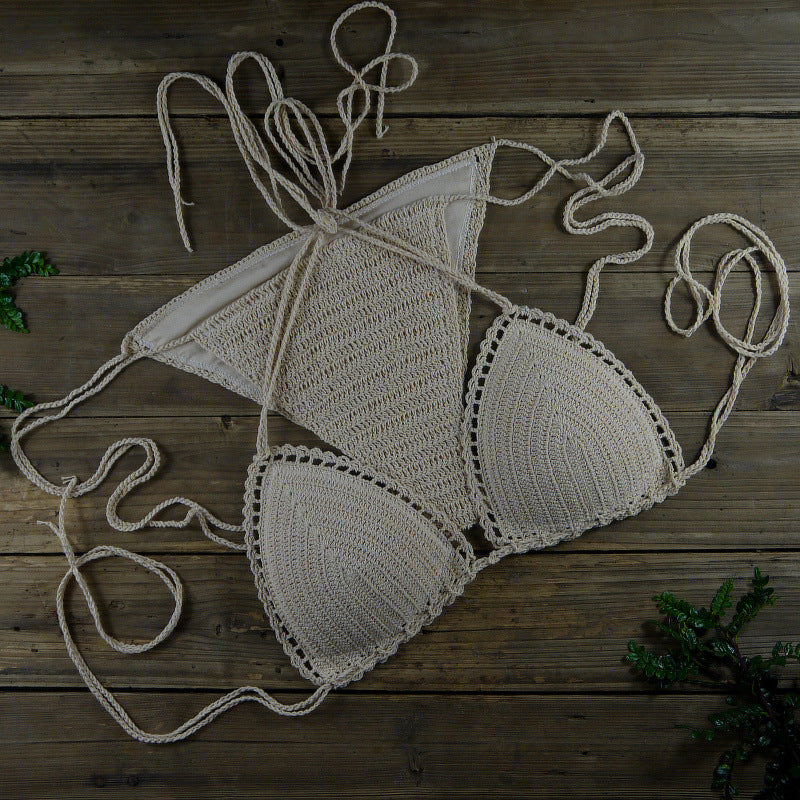 White Crochet Bikini Set | Handmade Triangle Halter Top and String Bottoms Boho Swimwear for Women