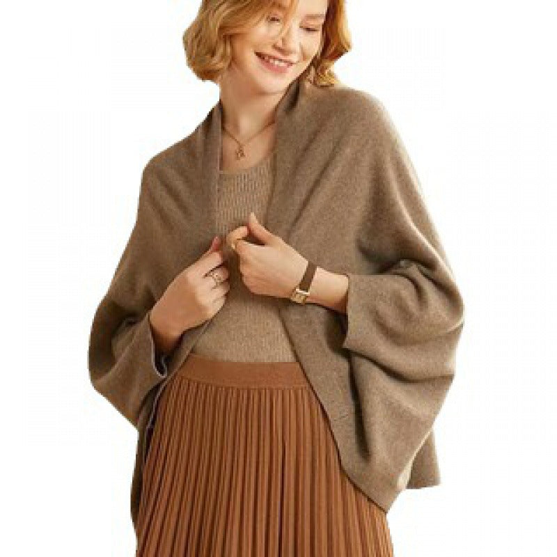 Women's Cashmere Wool Shawl Wrap Cardigan - Soft Knit Batwing Sleeve Poncho in Camel Brown - Elegant Oversized Shoulder Wrap Sweater for Fall Winter - Luxury Cozy Layering Piece