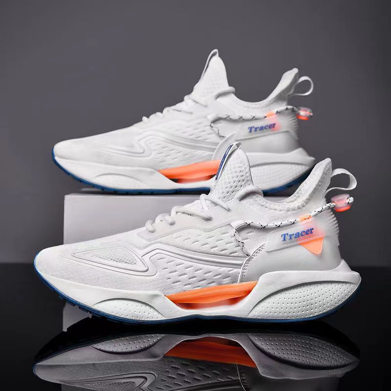 Tracer Men's White Chunky Sneakers | Orange Accent Mesh Running Shoes | Lightweight Cushioned Athletic Trainers