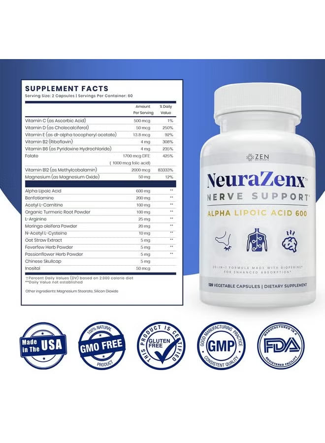 NeuraZenx Nerve Support – Alpha Lipoic Acid 600 | 20-in-1 Formula with BioPerine® | 120 Vegetable Capsules by Zen Nutrients