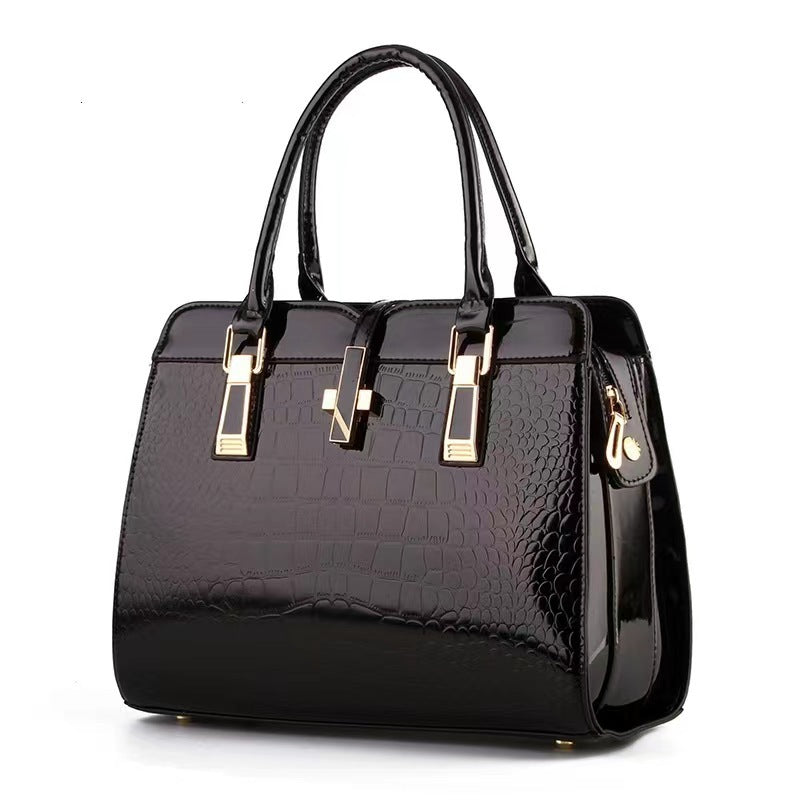 Black Patent Crocodile Embossed Handbag with Gold Hardware | Glossy Structured Tote