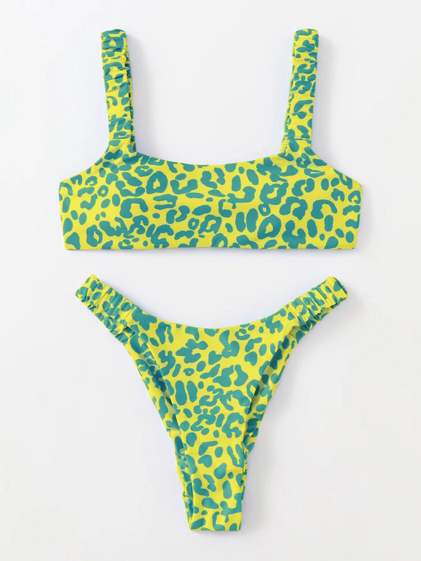 Colorful Leopard Print Bikini Set, Square Neck Crop Top & High Cut Bottom, Women Two Piece Swimwear, Multi Color Animal Print Swimsuit, Beach Vacation Bathing Suit