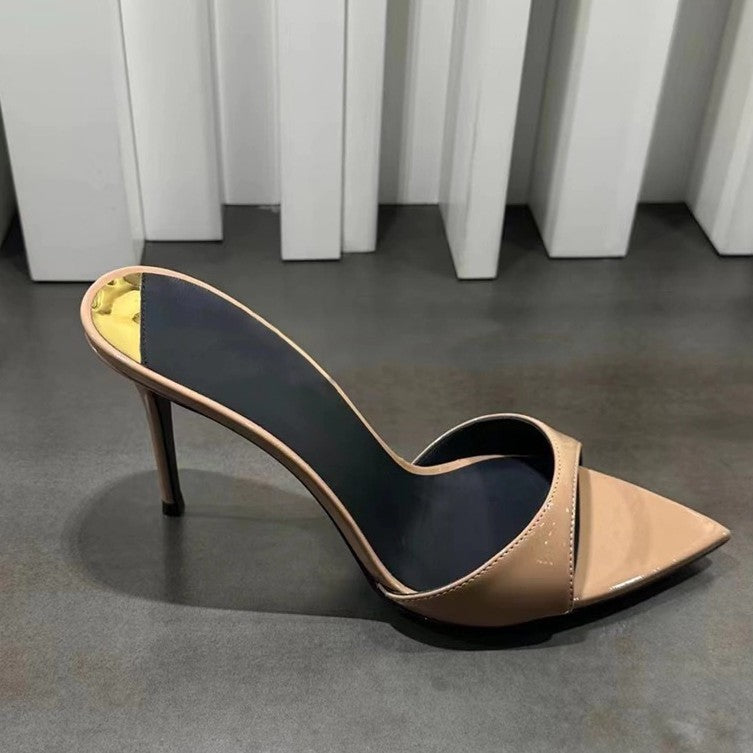 Black Patent Leather Single Strap Pointed Toe Stiletto Mule Heels | Women's Minimalist Slip-On High Heel Shoes