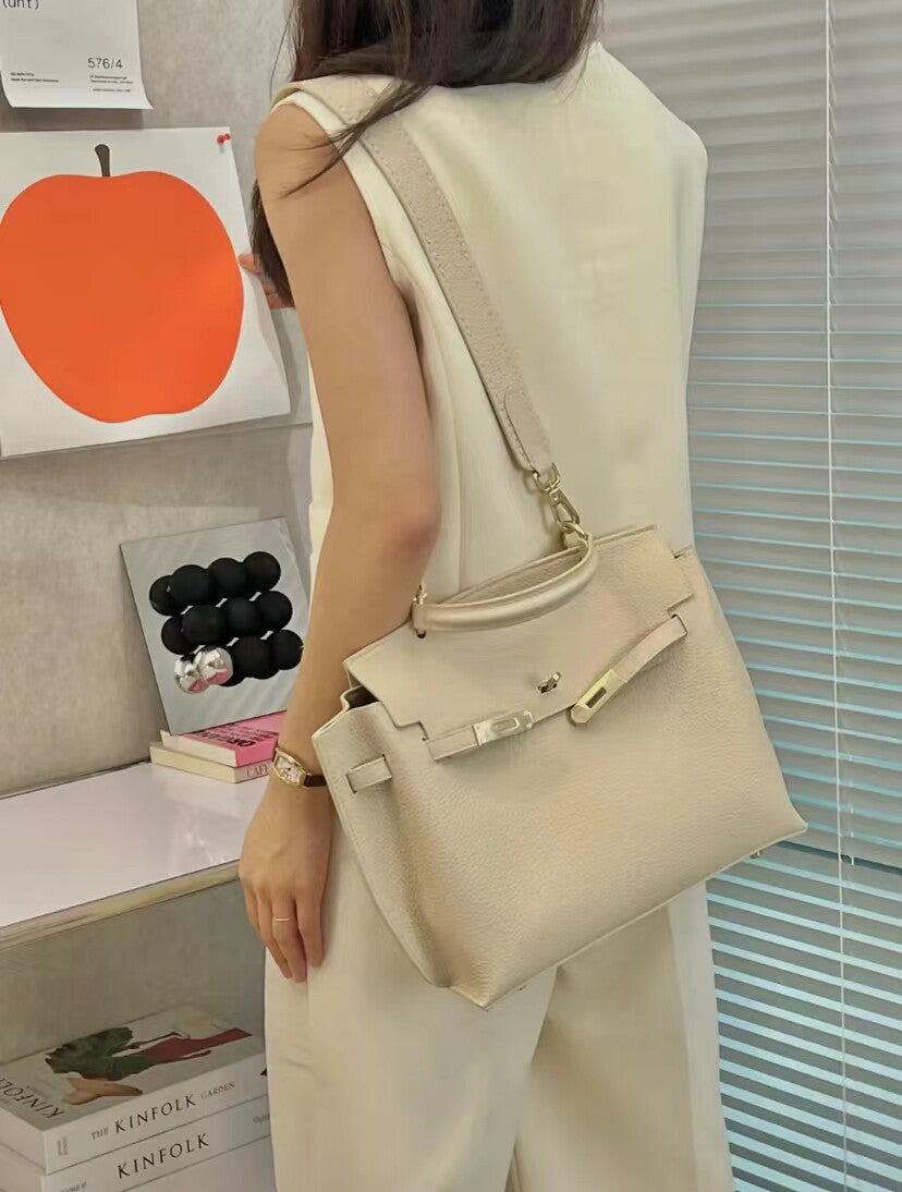 Beige Structured Crossbody Bag with Lock Closure - Designer Inspired Trapezoid Handbag | Luxury Style Shoulder Bag