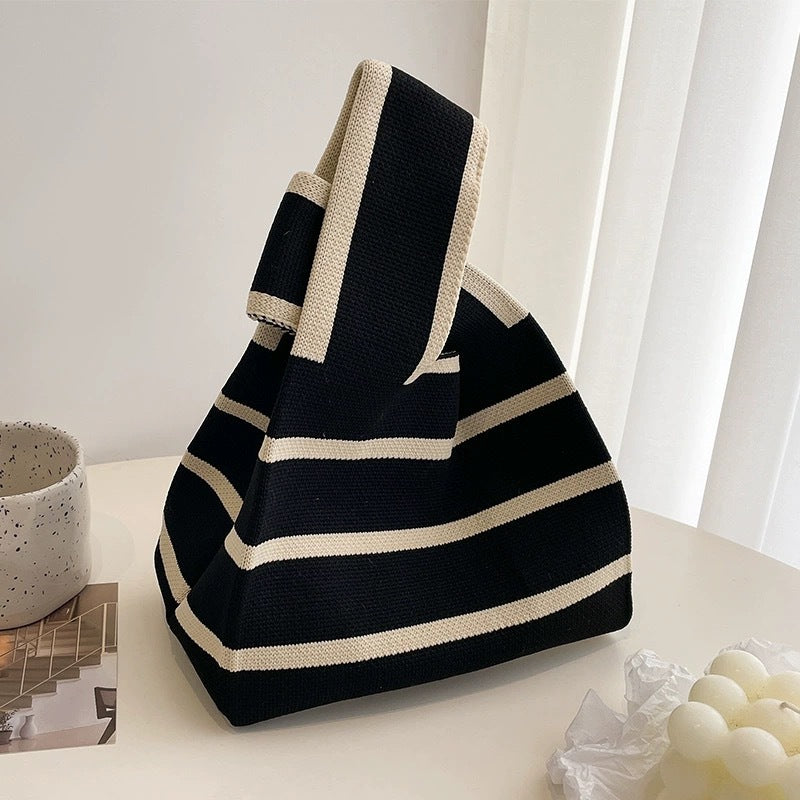 Black & White Geometric Knit Tote Bag | Aztec Pattern Wrist Handle Handbag | Boho Crochet Style Women's Bag