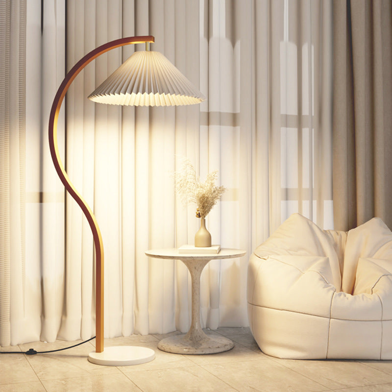Modern Pleated Floor Lamp with Gold Curved Arc Arm Marble Base Cream Fabric Shade Standing Lamp for Living Room Bedroom and Home Decor