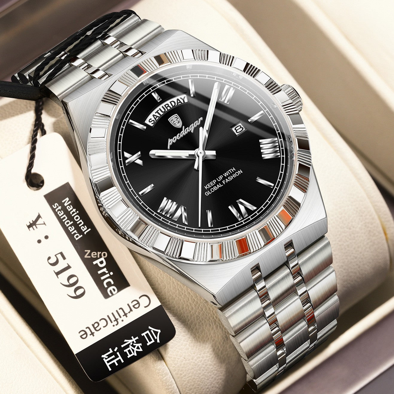 Poedagar Silver Stainless Steel Black Dial Luxury Watch | Day Date Roman Numeral Men's Dress Watch | Waterproof Quartz Wristwatch