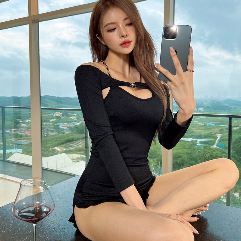 Black Long Sleeve Chest Cutout One Piece Swimsuit | Jewel Clasp Keyhole Ruffled Hem | Sexy Korean Style Swimwear Women