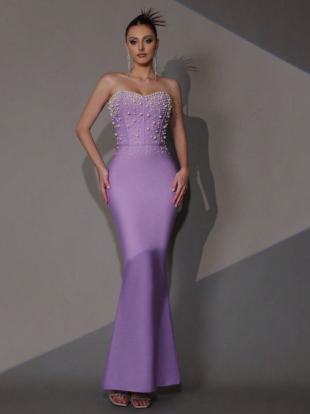 White Pearl Embellished Strapless Corset Mermaid Maxi Dress Bodycon Fishtail Gown | Women Elegant Evening Wedding Bridal Formal Party Dress