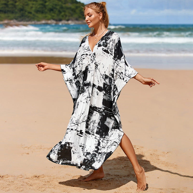 Kaftano lungo stampato da mare | Abito boho oversize con maniche a pipistrello e scollo a V | Copricostume da bagno da donna con fantasia tie-dye, zebrata o a foglie tropicali, in stili diversi