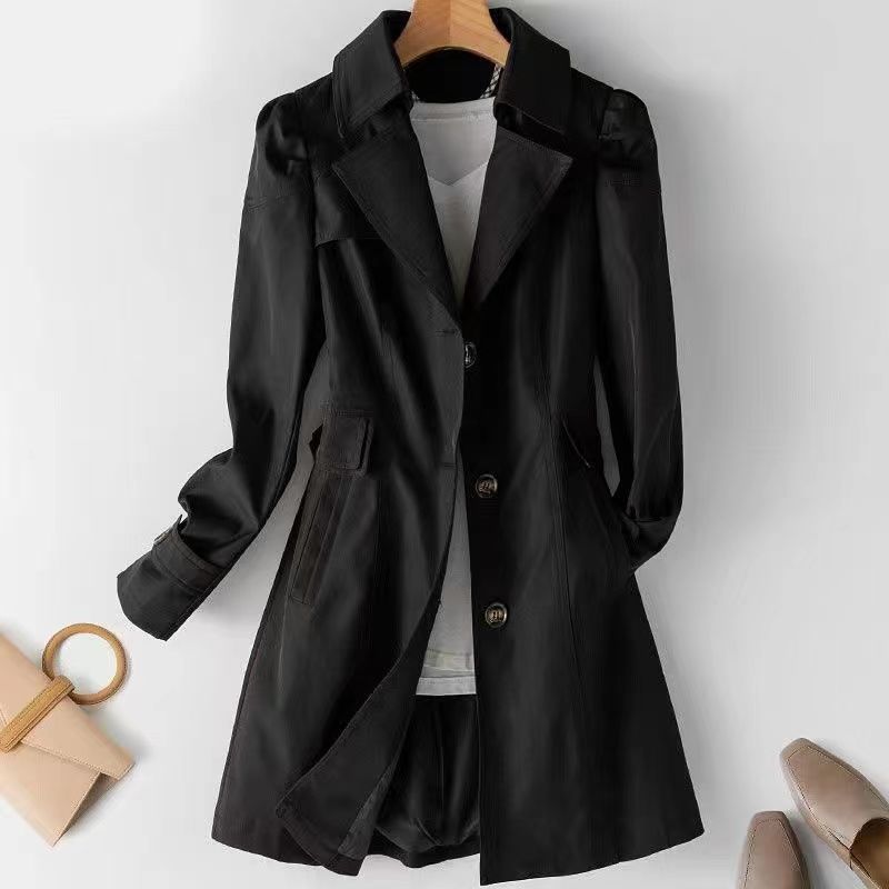 Women's Beige Mid-Length Trench Coat | Single Breasted Notch Lapel Slim Fit Coat | Korean Style Classic Windbreaker Jacket