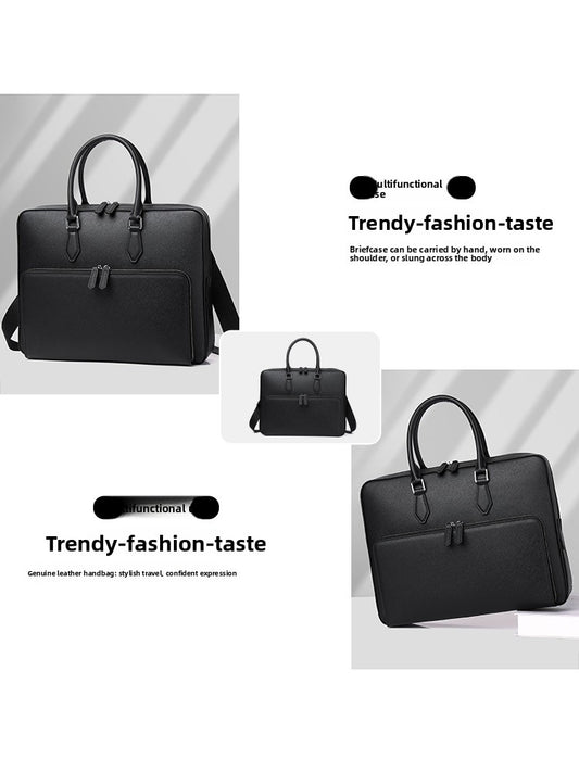Black Leather Laptop Briefcase - Slim Business Bag for Men & Women | Professional Document Carrier with Front Pocket