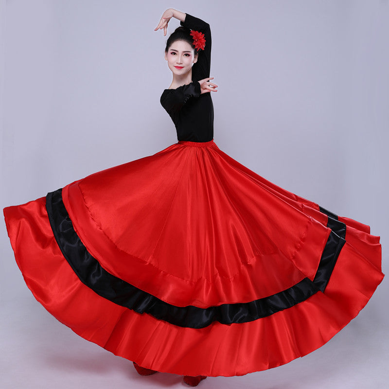 Flamenco Dance Skirt | Spanish Ballroom Swing Skirt | Red & Black Satin Ruffle Maxi Skirt | Performance Costume for Women