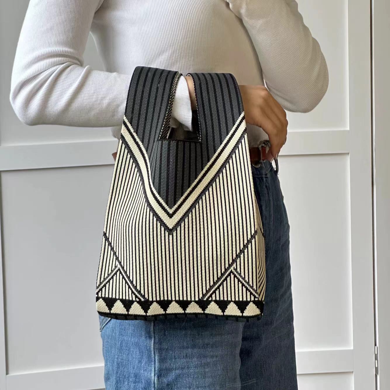 Black & White Geometric Knit Tote Bag | Aztec Pattern Wrist Handle Handbag | Boho Crochet Style Women's Bag
