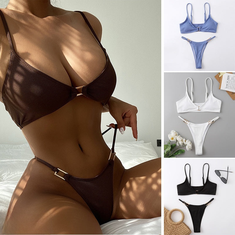 Brown Ribbed Bikini Set | Gold Metal Hardware Triangle Top & Thong Bottoms | Chocolate Minimalist Two Piece Swimsuit Women