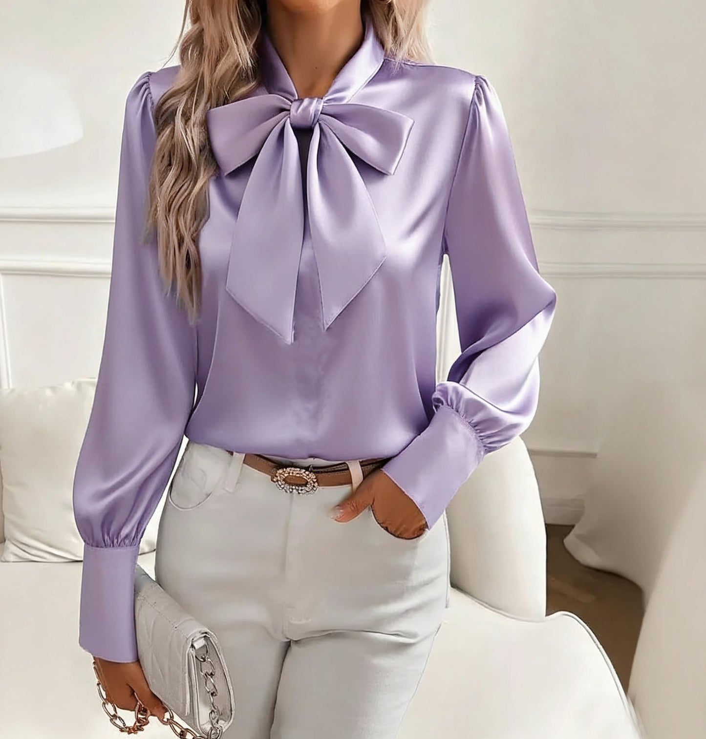 Womens Black Satin Bow Tie Neck Blouse Elegant Long Sleeve Puff Shoulder Silk Like Top for Office Work Party and Formal Occasions