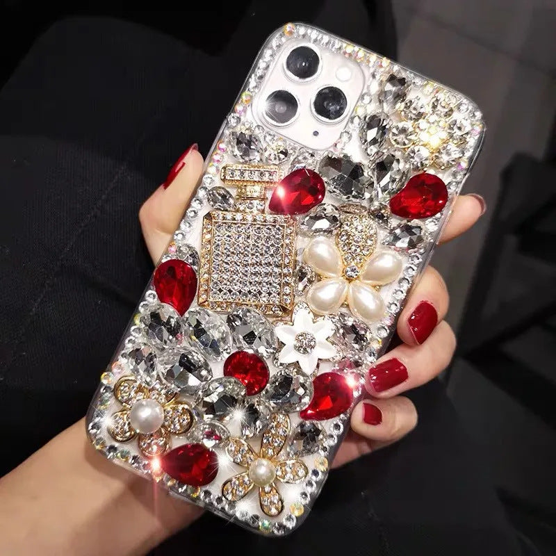 Luxury Bling Rhinestone Phone Case with Red Crystal Gems, Pearl Flowers & Perfume Bottle Design | Glitter Diamond Cover for iPhone