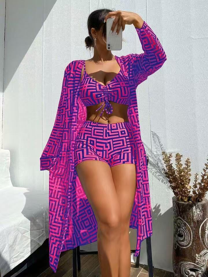 Geometric Maze Print 3-Piece Bikini Set, Front Tie Crop Top & High Waist Shorts with Long Kimono Cover Up, Women Brown Cream Swimwear, Luxury Matching Beach Outfit, Resort Vacation Swimsuit