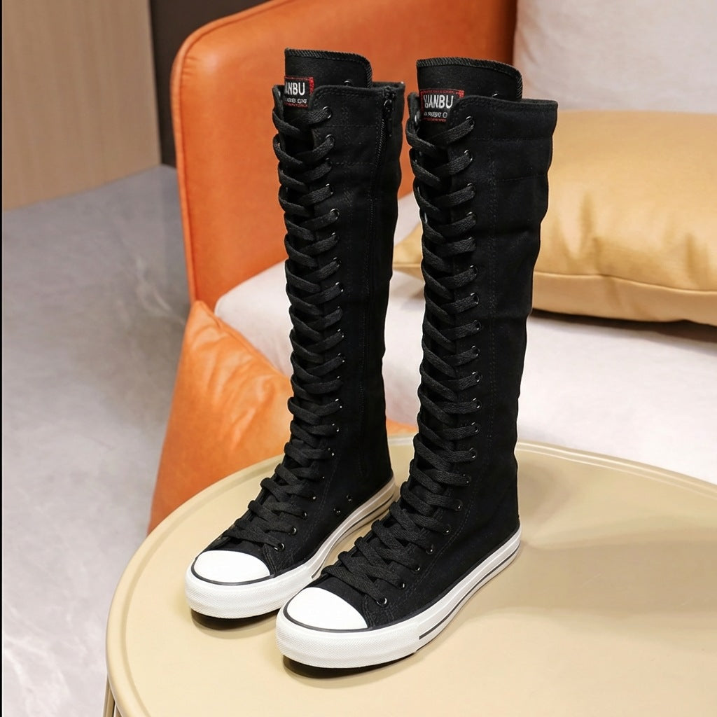 Stivali alti al ginocchio in tela bianca con lacci | Stivali sneaker alti con cerniera laterale | Scarpe alte da donna Punk Streetwear | Calzature in stile EMO Rock