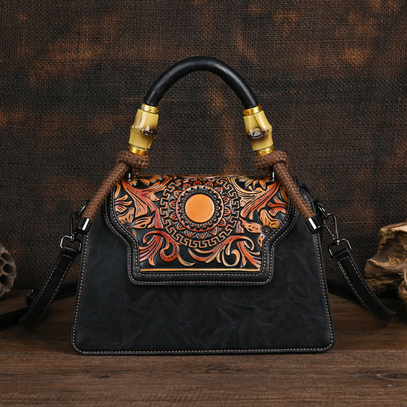 Black Leather Handbag with Tooled Design - Artisan Embossed Shoulder Bag with Braided Handle | Bohemian Ethnic Satchel