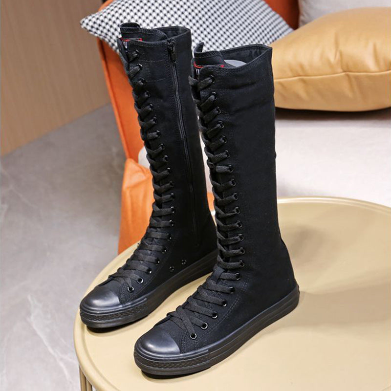 Stivali alti al ginocchio in tela bianca con lacci | Stivali sneaker alti con cerniera laterale | Scarpe alte da donna Punk Streetwear | Calzature in stile EMO Rock