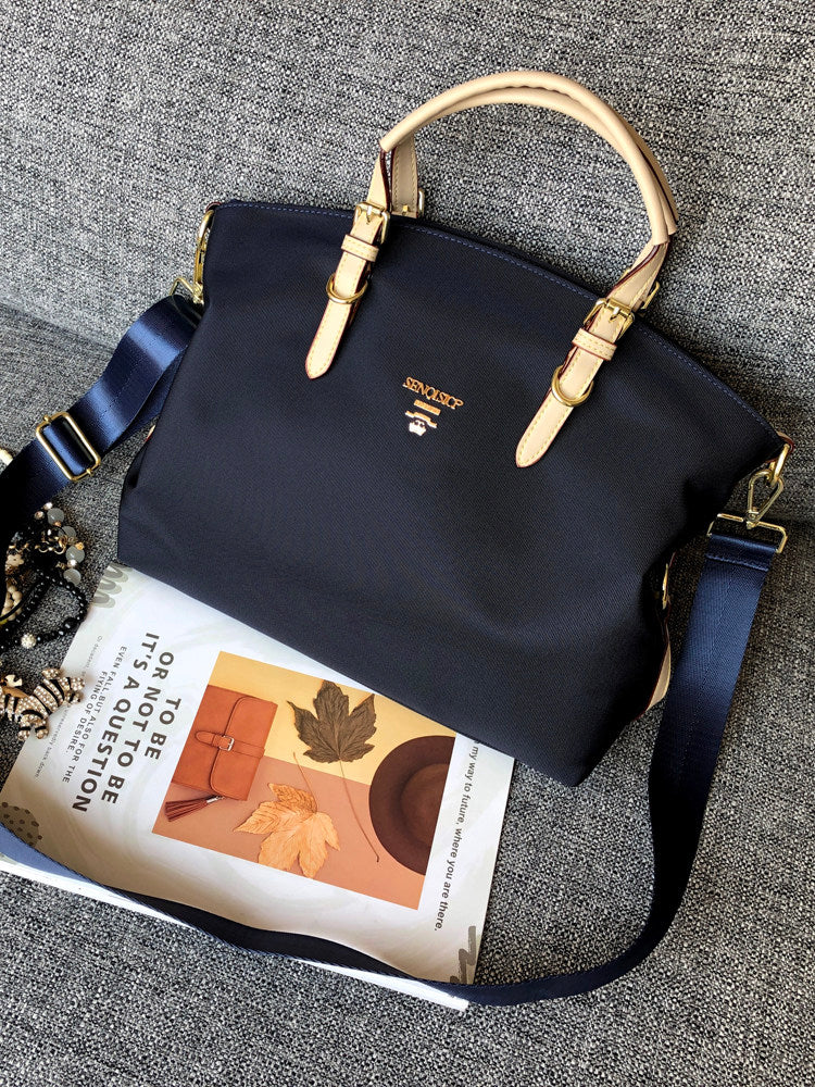 Black Nylon Tote Bag with Leather Handles - Designer Inspired Shoulder Bag | Lightweight Travel Handbag with Logo