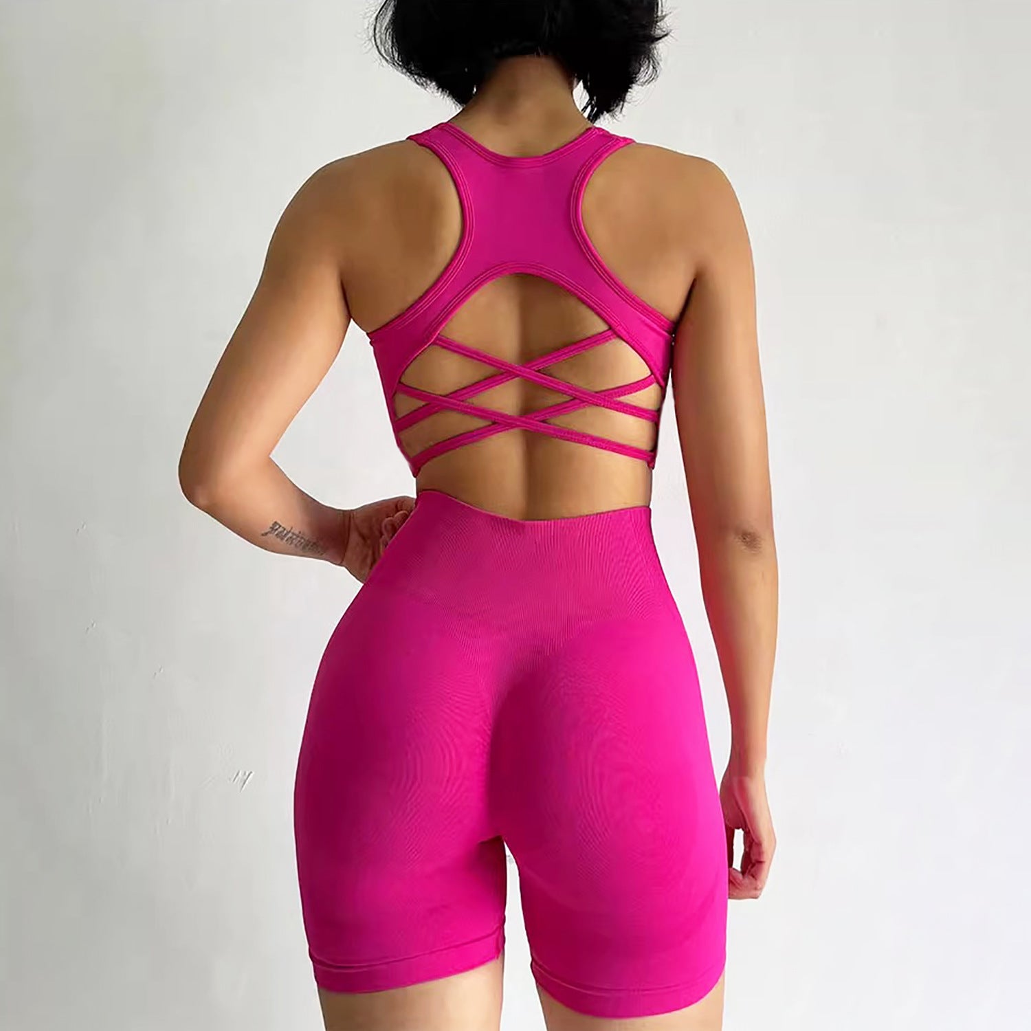 Women's Seamless Workout Set - Cross Back Sports Bra & High Waist Biker Shorts | Breathable Mesh Gym Activewear 2 Piece Set