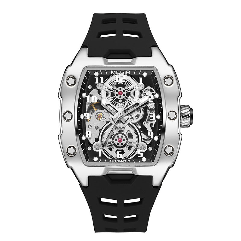 MEGIR Men's Automatic Skeleton Watch - Tonneau Case Silver Stainless Steel with Black Silicone Strap - Transparent Mechanical Movement Dial - Luxury Sport Dress Watch for Men