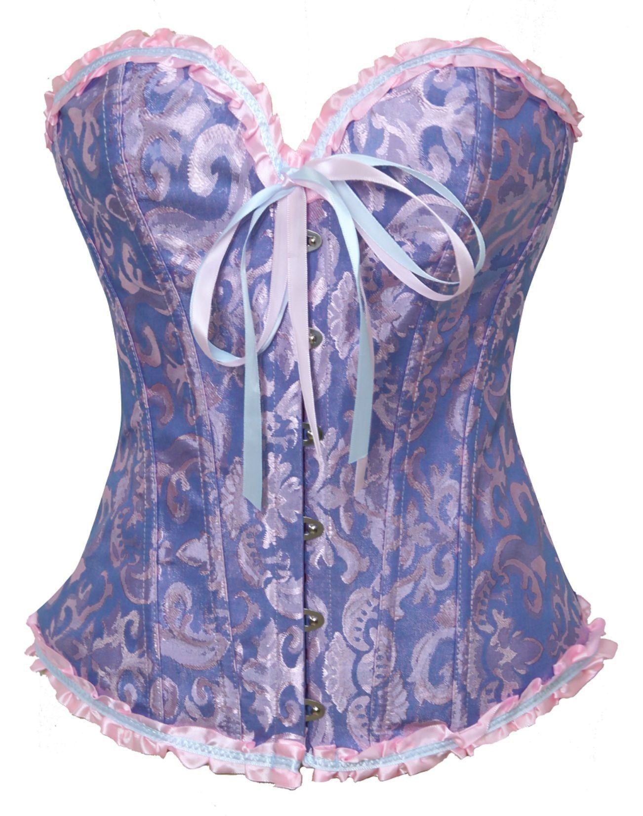 Red Brocade Overbust Corset | Black Ruffle Trim Bow Detail Boned Bustier Waist Cincher Women Halloween Burlesque Corset Top