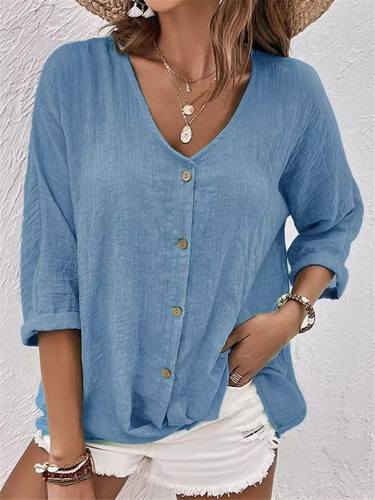Camicia da donna in lino e cotone color cachi con bottoni | Top casual scollo a V a maniche a 3/4 | Camicia estiva boho