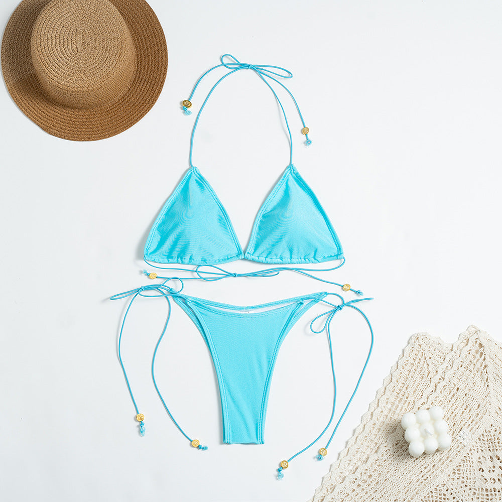 Navy Blue String Triangle Bikini Set | Tie Side Thong Bottom | Women's Sexy Minimal Swimsuit Swimwear