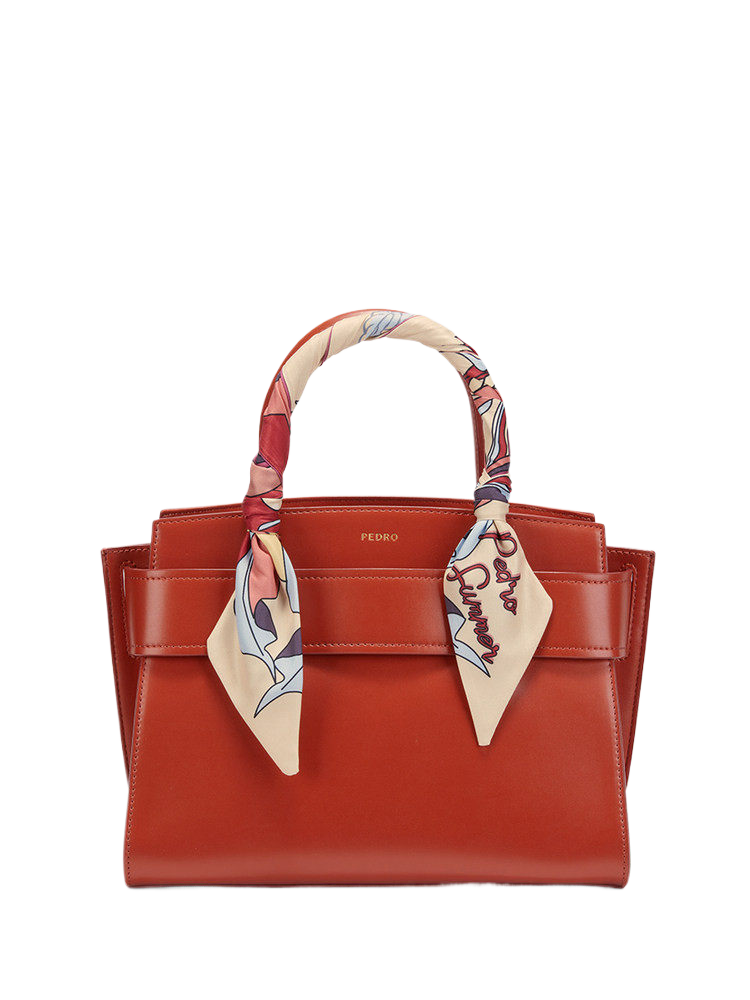 Orange Leather Handbag with Silk Scarf - Structured Trapezoid Tote Bag | Designer Belt Closure Satchel