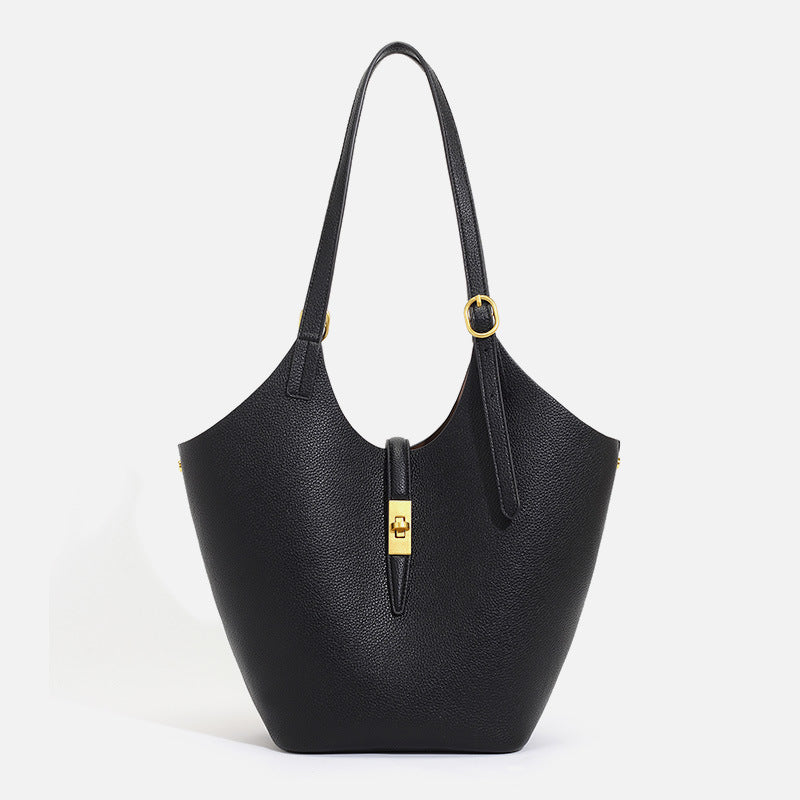 Luxury Leather Bucket Tote Bag with Gold Twist Lock | Women's Designer-Style Shoulder Bag in Beige & Brown Contrast Strap | Everyday Handbag for Work & Travel