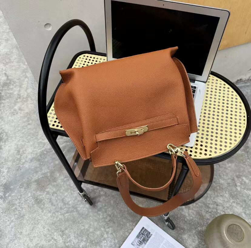 Beige Structured Crossbody Bag with Lock Closure - Designer Inspired Trapezoid Handbag | Luxury Style Shoulder Bag