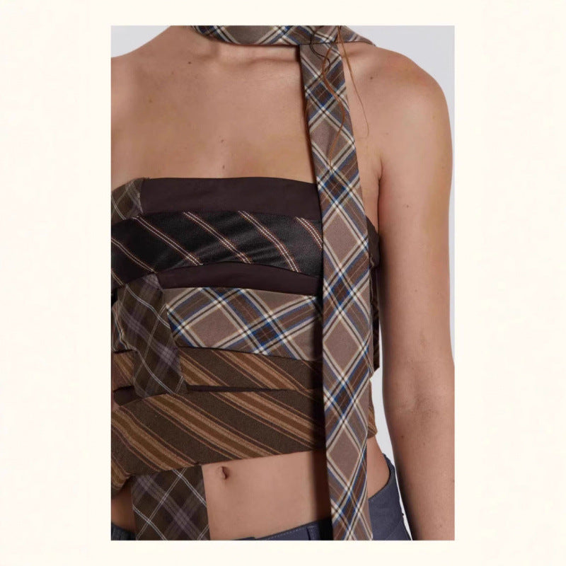 Brown Plaid Necktie Patchwork Crop Top | Y2K Upcycled Tie Bandeau | Women's Avant Garde Halter Corset Top