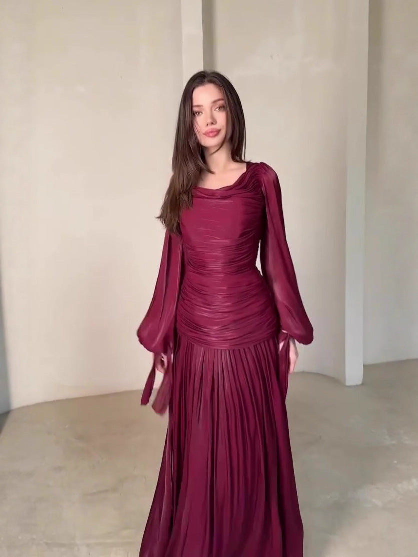 Burgundy Ruched Maxi Dress with Pleated Skirt | Long Sleeve Cowl Neck Formal Evening Gown
