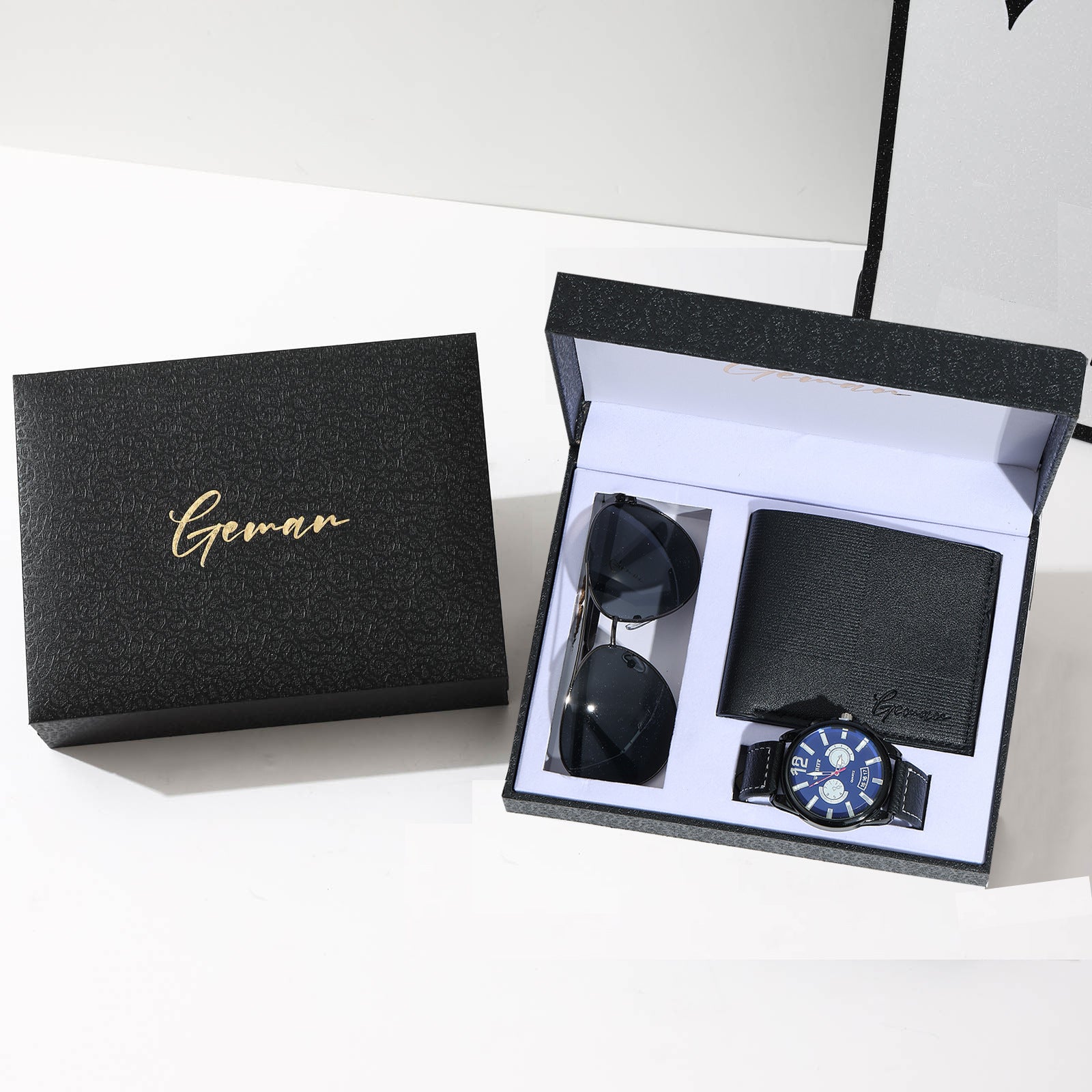 Geman Men's Luxury Gift Set – 6-Piece Black Leather Belt, Wallet, Watch, Bracelet, Keychain & Pen Box Set | Premium Men's Gift