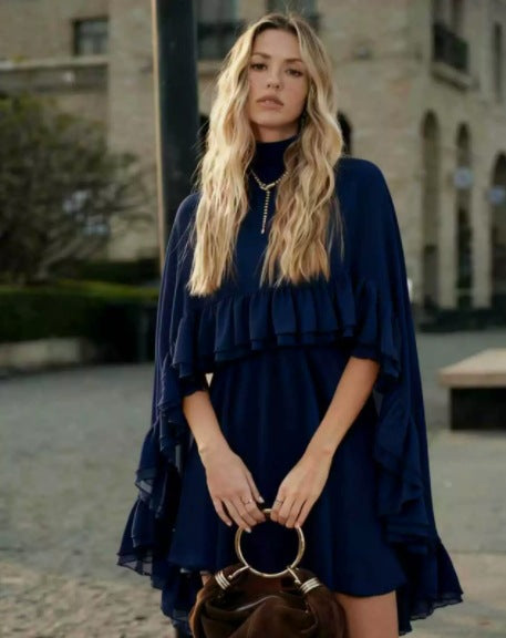 Brown Chiffon Ruffle Mini Dress | Mock Neck Long Sleeve Tiered Ruffle Flowy Short Dress for Women